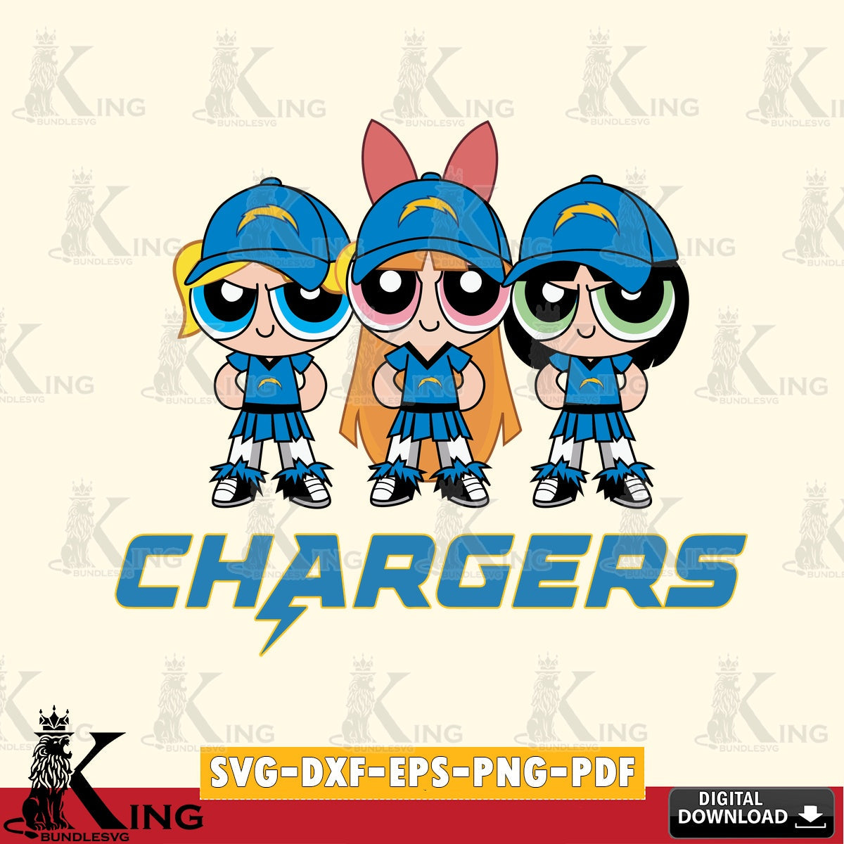 Modern graphic depicting Los Angeles Chargers PowerPuff Girls Football, SVG PNG design suitable for Glowforge and laser cutting