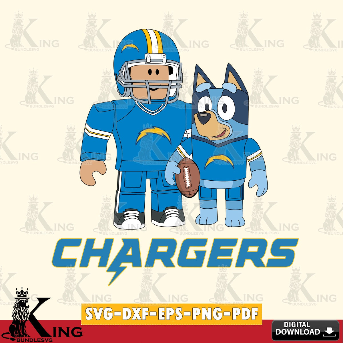 Creative design featuring Los Angeles Chargers Roblox & Bluey Football, NFL File cut, SVG PNG design suitable for Glowforge and