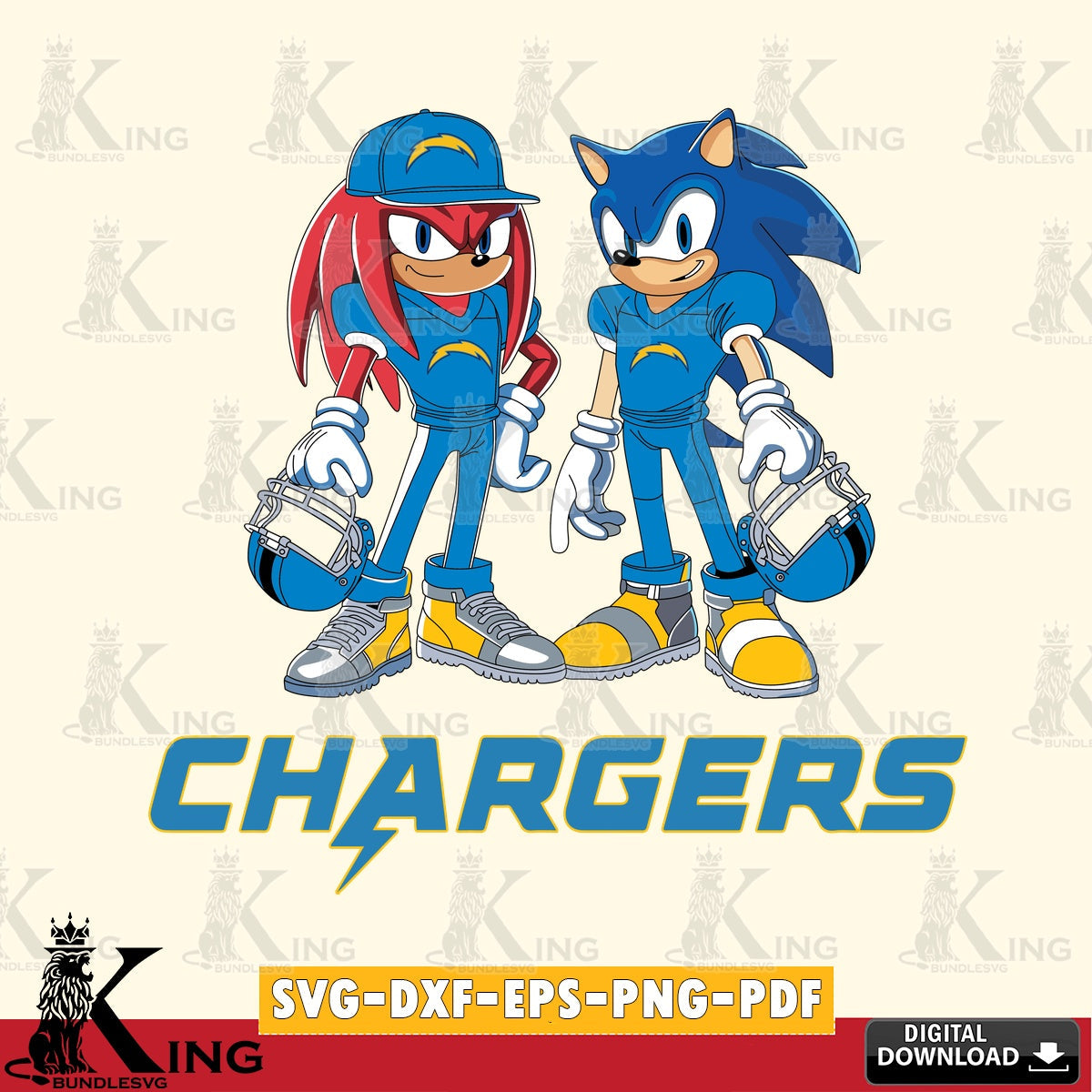Printable art of Los Angeles Chargers Sonic and Knuckles playing football vector illustration for POD merchandise and apparel