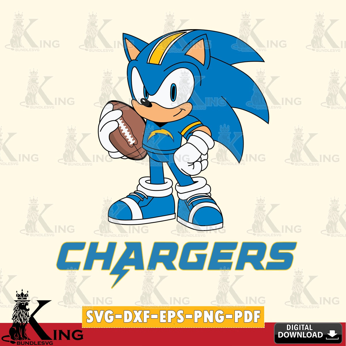 Artistic drawing of Los Angeles Chargers Sonic Game Day ready, crafting file for iron-on transfer and vinyl decals.