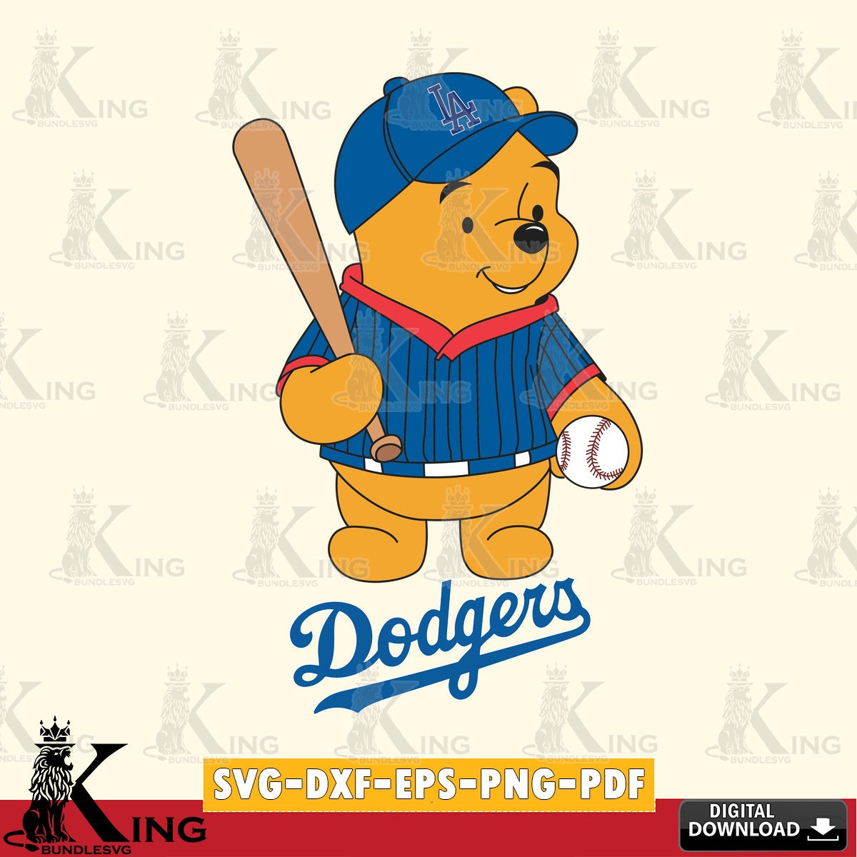 Hand-drawn style art of Los Angeles Dodgers Baseball Batter Winnie the Pooh, cut file ideal for vinyl projects and T-shirt