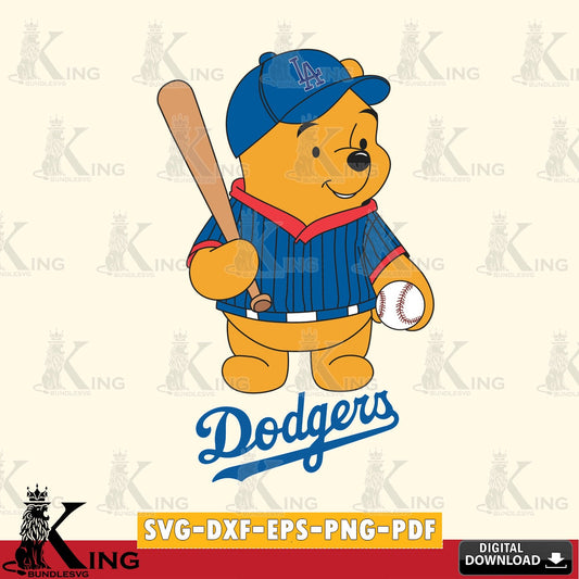 Hand-drawn style art of Los Angeles Dodgers Baseball Batter Winnie the Pooh, cut file ideal for vinyl projects and T-shirt