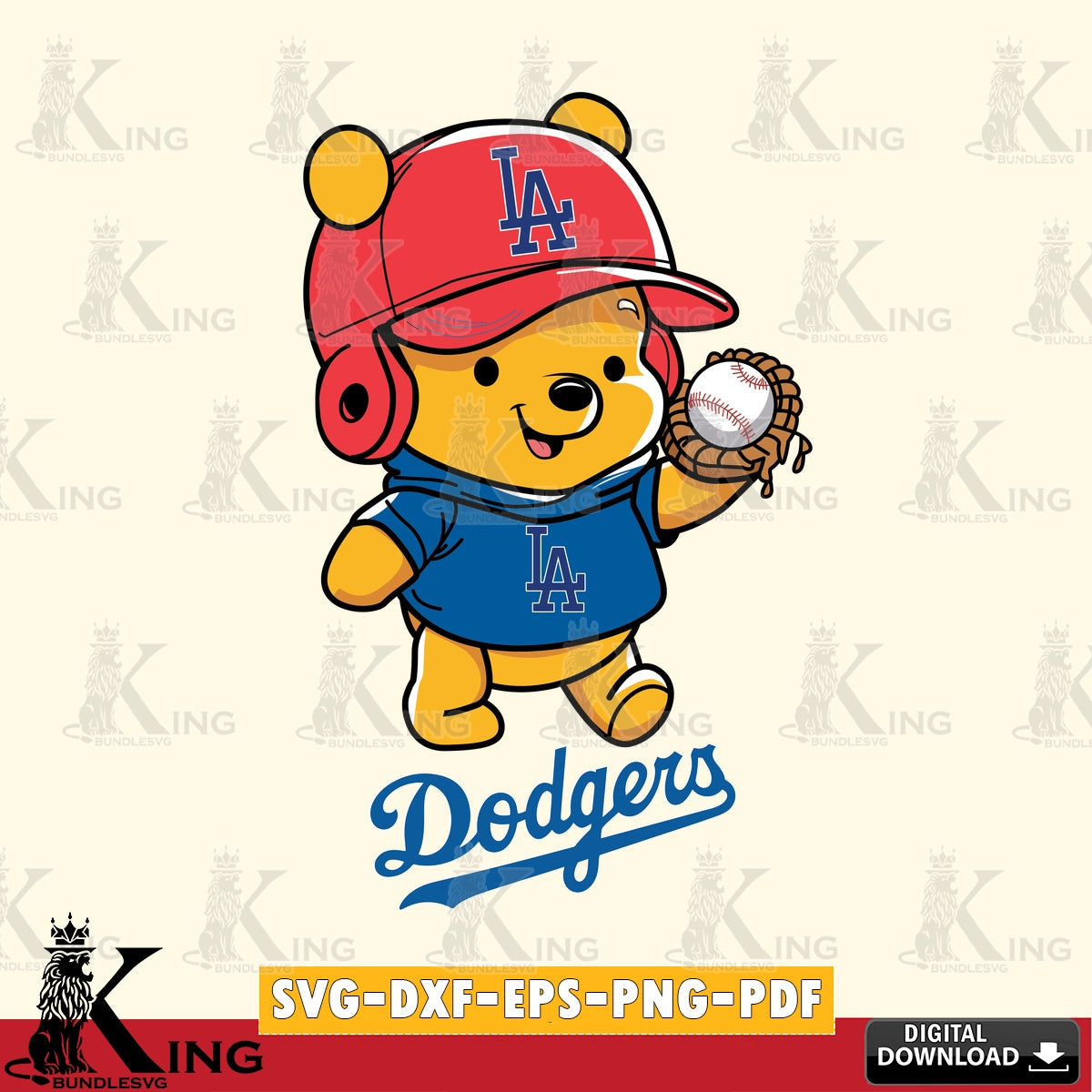 Modern graphic depicting Los Angeles Dodgers Pooh Bear Baseball SVG cut file for personalized gifts and laser projects