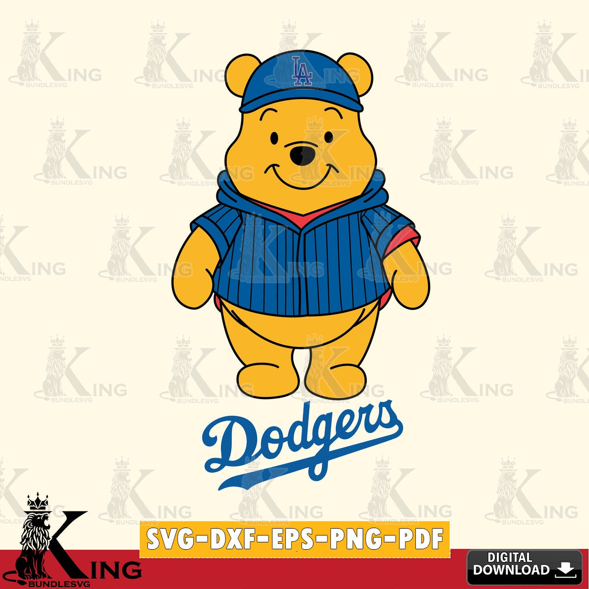 Eye-catching graphic of Los Angeles Dodgers Pooh Bear baseball mascot SVG cut file for personalized gifts and laser projects