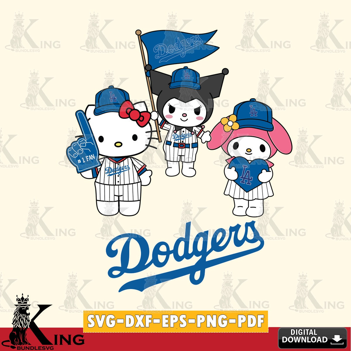 Custom design featuring Los Angeles Dodgers Sanrio Squad cute design SVG PNG design suitable for Glowforge and laser cutting.