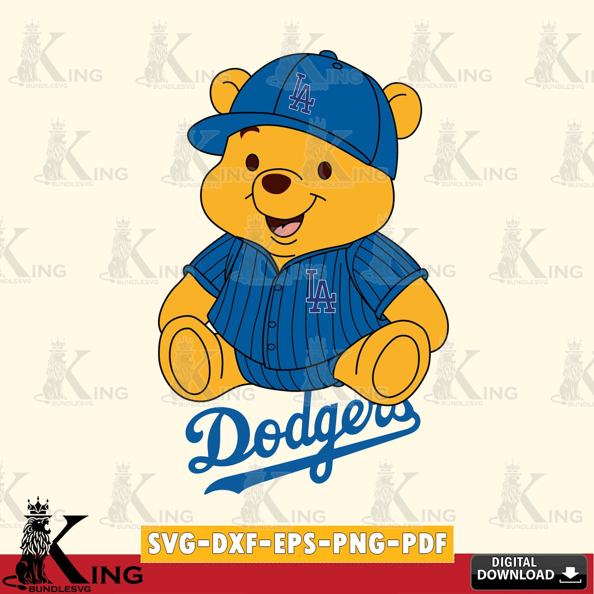 Custom design featuring Los Angeles Dodgers Winnie the Pooh cute baseball, digital clipart compatible with laser engraving and