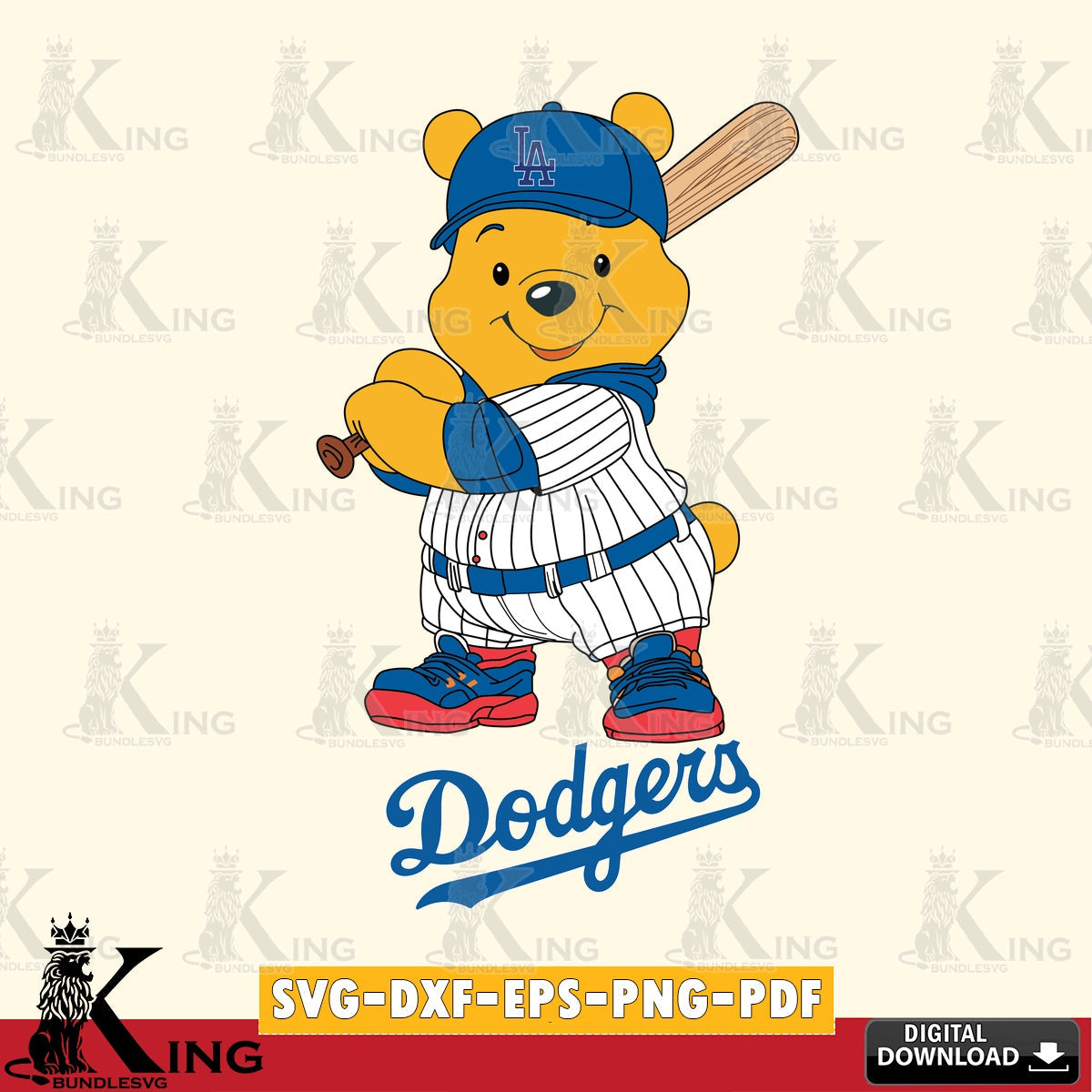Detailed illustration of Los Angeles Dodgers Winnie the Pooh Player Baseball SVG cut file for personalized gifts and laser
