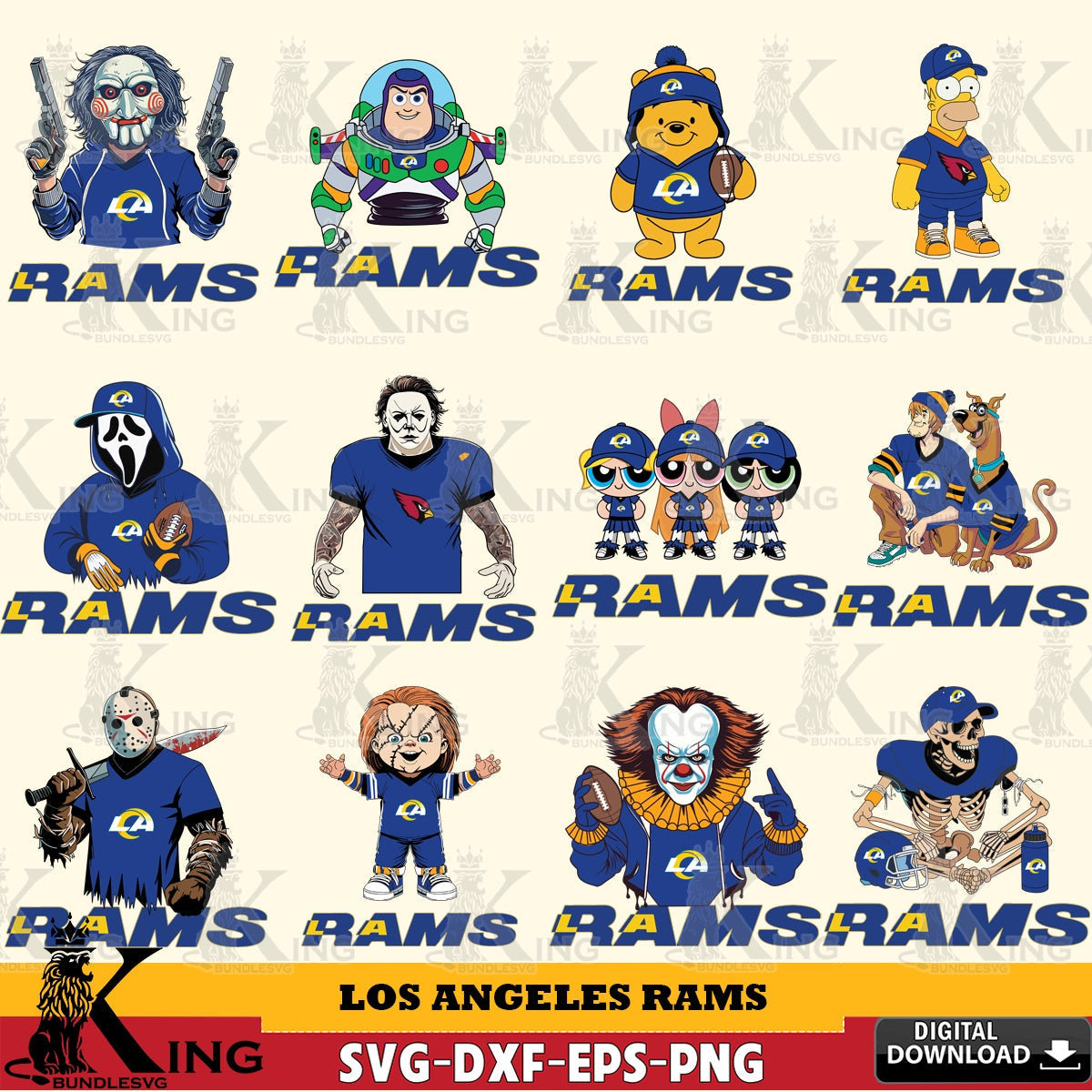 Mega bundle containing Los Angeles Rams cartoon football NFL designs, a vector illustration for POD merchandise and apparel.