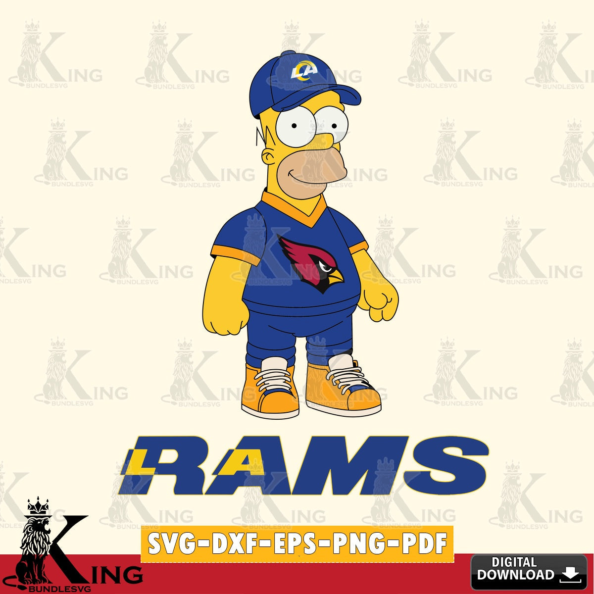 Vector design showing Los Angeles Rams Homer Simpson playing football, high-quality vector for DIY scrapbooking and home decor.