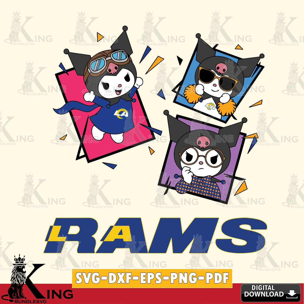 Los Angeles Rams Kuromi Action Football SVG file, Cricut, Cut file  , Digital Download , Instant Download, Sanrio svg, Clipart