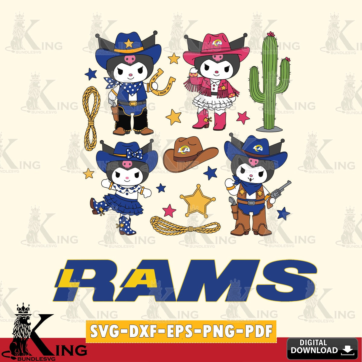 Los Angeles Rams Kuromi Cowboy Western SVG file, Cricut, Cut file  , Digital Download , Instant Download, Sanrio svg, Clipart