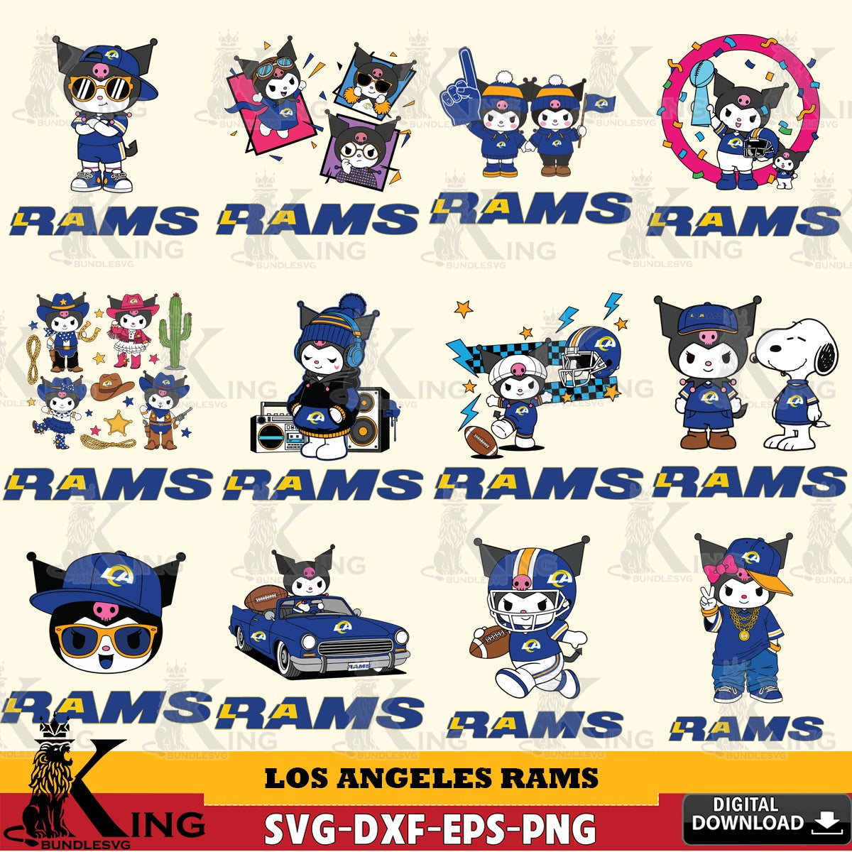 Los Angeles Rams Kuromi Football Jersey NFL Bundle SVG file, Cricut, Cut file  , Digital Download , Instant Download, Sanrio svg, Clipart