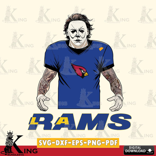 Eye-catching graphic of a Los Angeles Rams Michael Myers Tattoo Football, NFL SVG PNG design suitable for Glowforge and laser