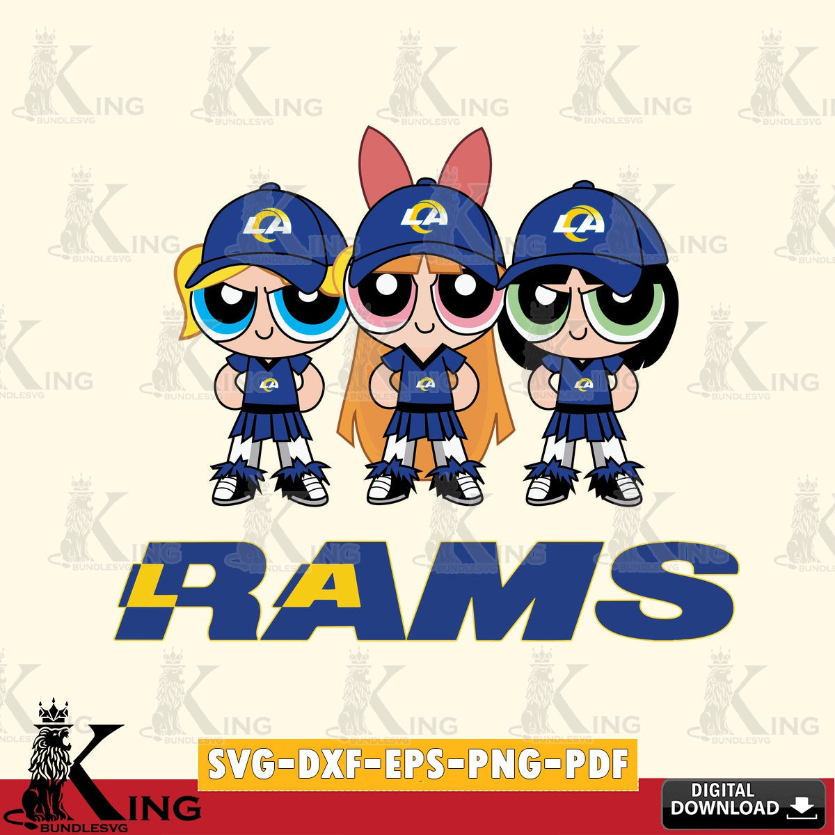 Detailed illustration of Los Angeles Rams PowerPuff Girls football, crafting file for iron-on transfer and vinyl decals.