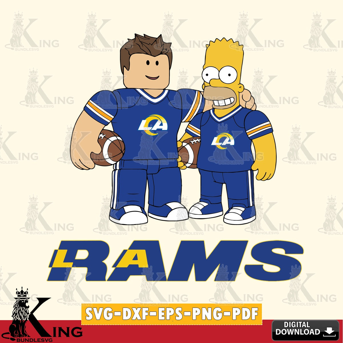 Beautiful illustration of Los Angeles Rams Roblox & Homer Simpson football, NFL file cut, SVG PNG design suitable for Glowforge