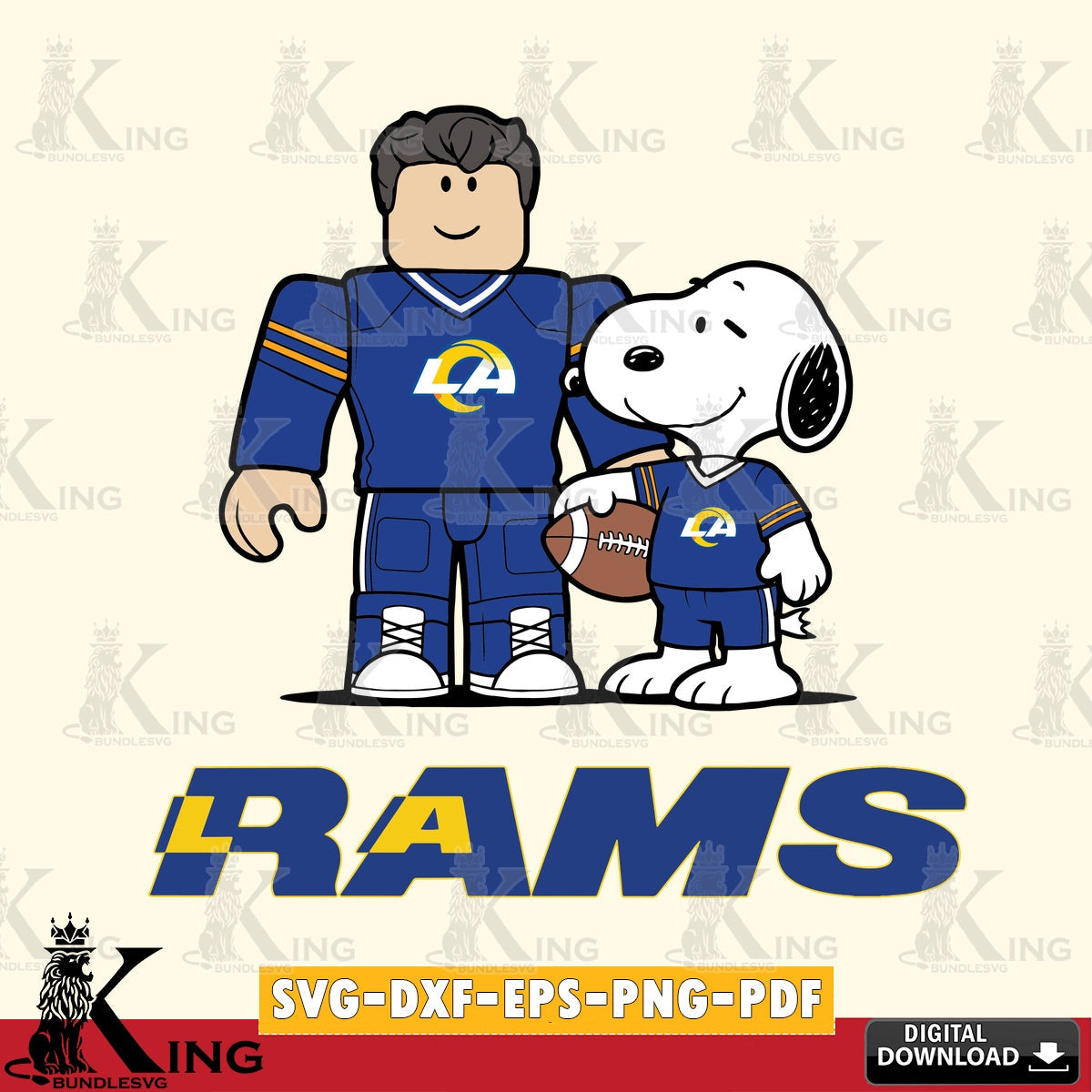 Modern graphic depicting Los Angeles Rams, Roblox, Snoopy football printable vector design for sublimation and crafts