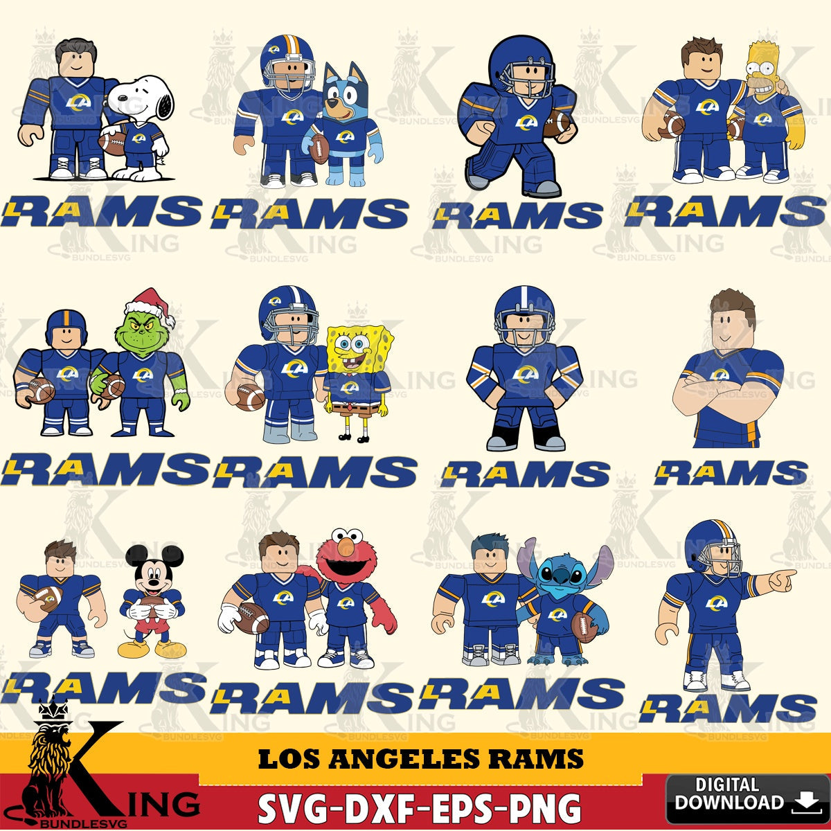 Mega bundle containing Los Angeles Rams Roblox with Friends football NFL Bundle vector illustration for POD merchandise and