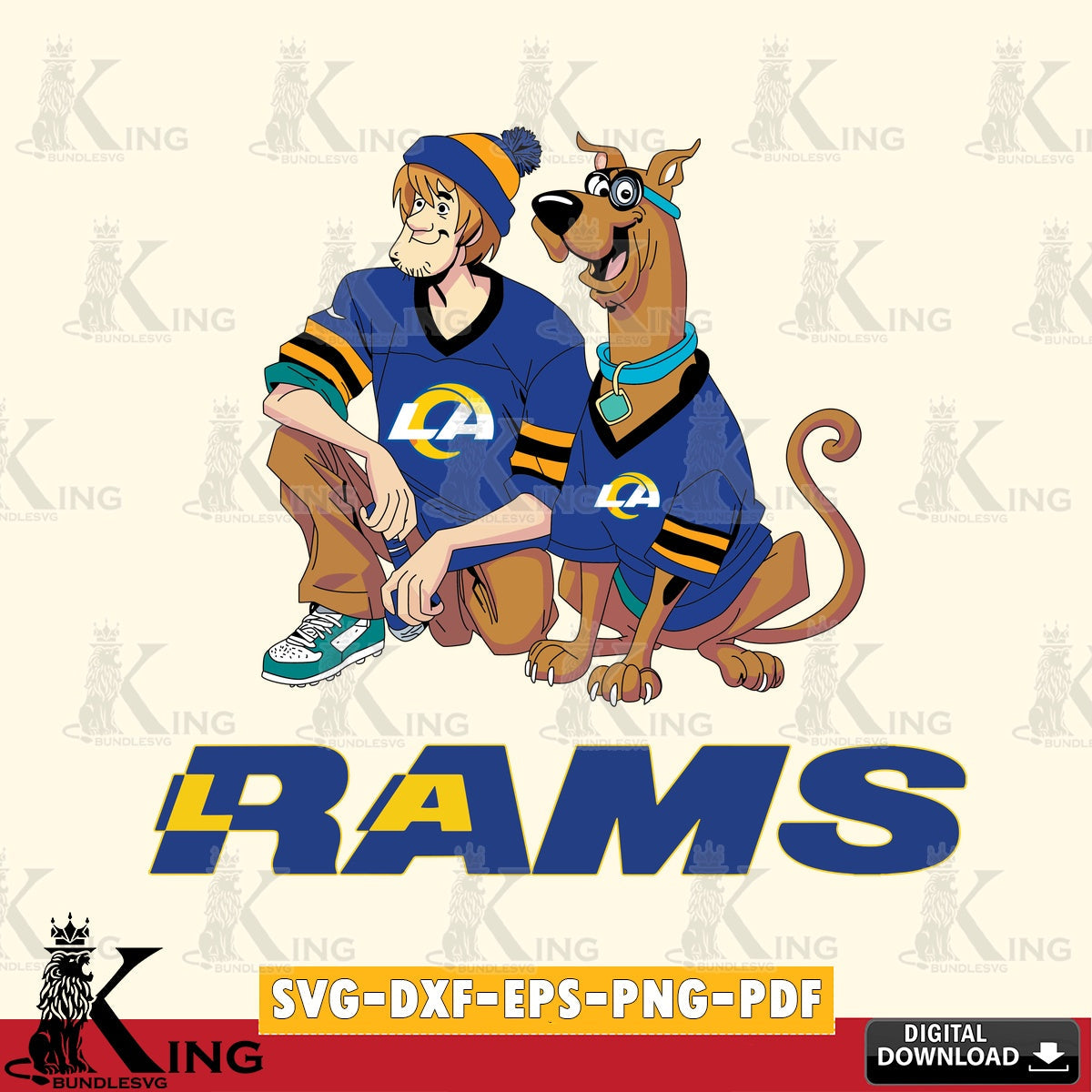 Modern graphic depicting Los Angeles Rams Shaggy and Scooby Doo football, digital clipart compatible with laser engraving and