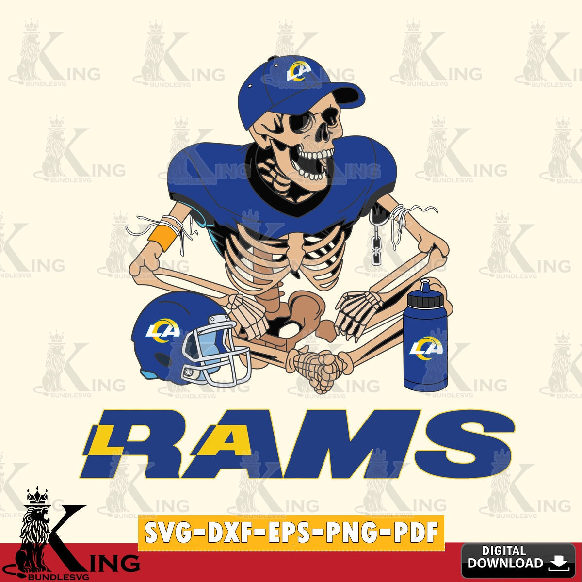 Artistic drawing of a Los Angeles Rams skeleton player football, a printable vector design for sublimation and crafts