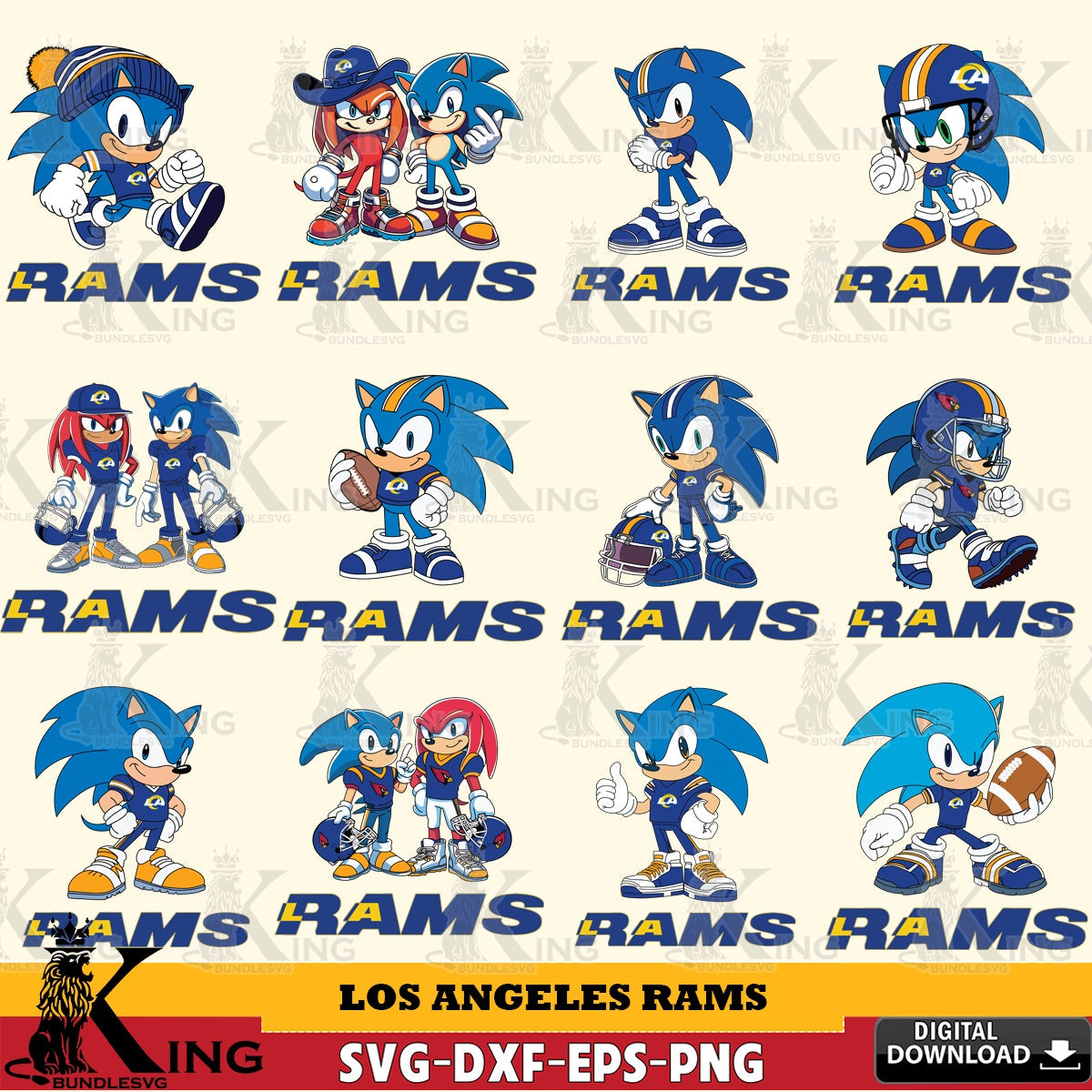 Jumbo collection of Los Angeles Rams Sonic & Knuckles NFL Football Bundle crafting file for iron-on transfer and vinyl decals