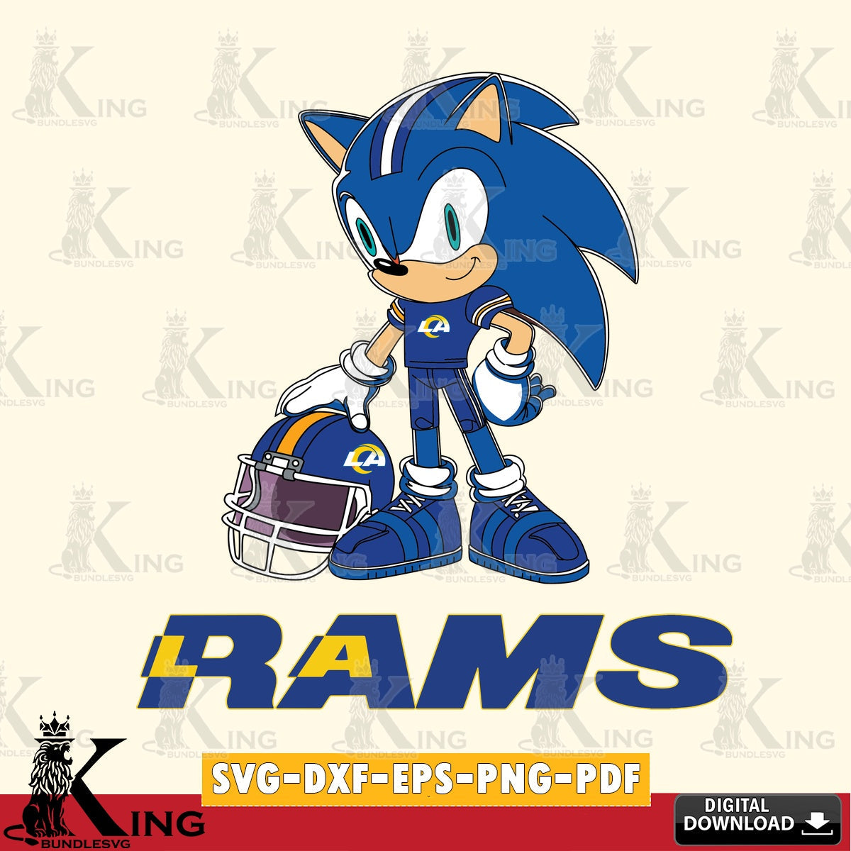 Vector design showing Los Angeles Rams Sonic Player Football PNG clipart for sublimation printing and graphic design