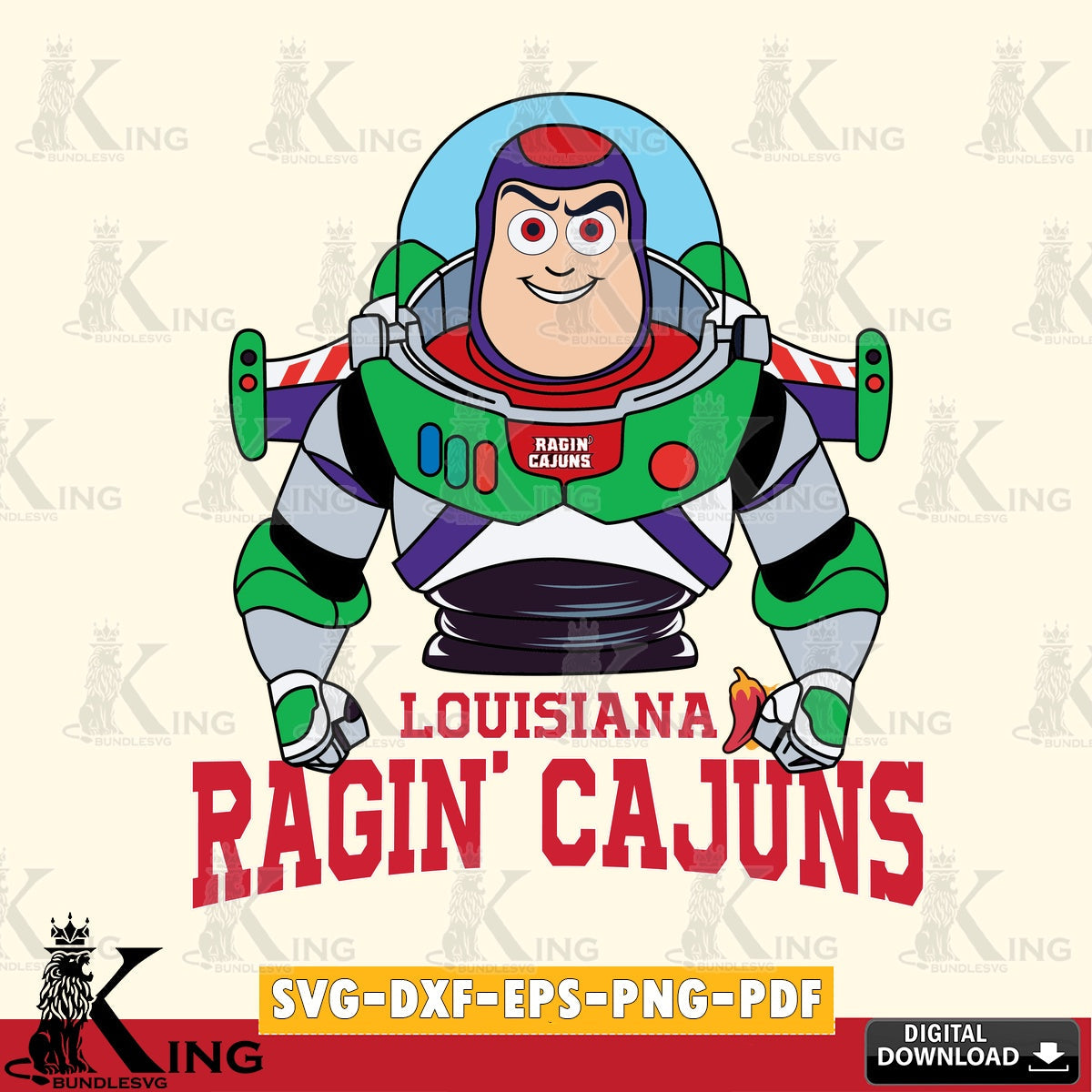 Unique artwork depicting Louisiana Ragin' Cajuns Buzz Lightyear Football, PNG clipart for sublimation printing and graphic design