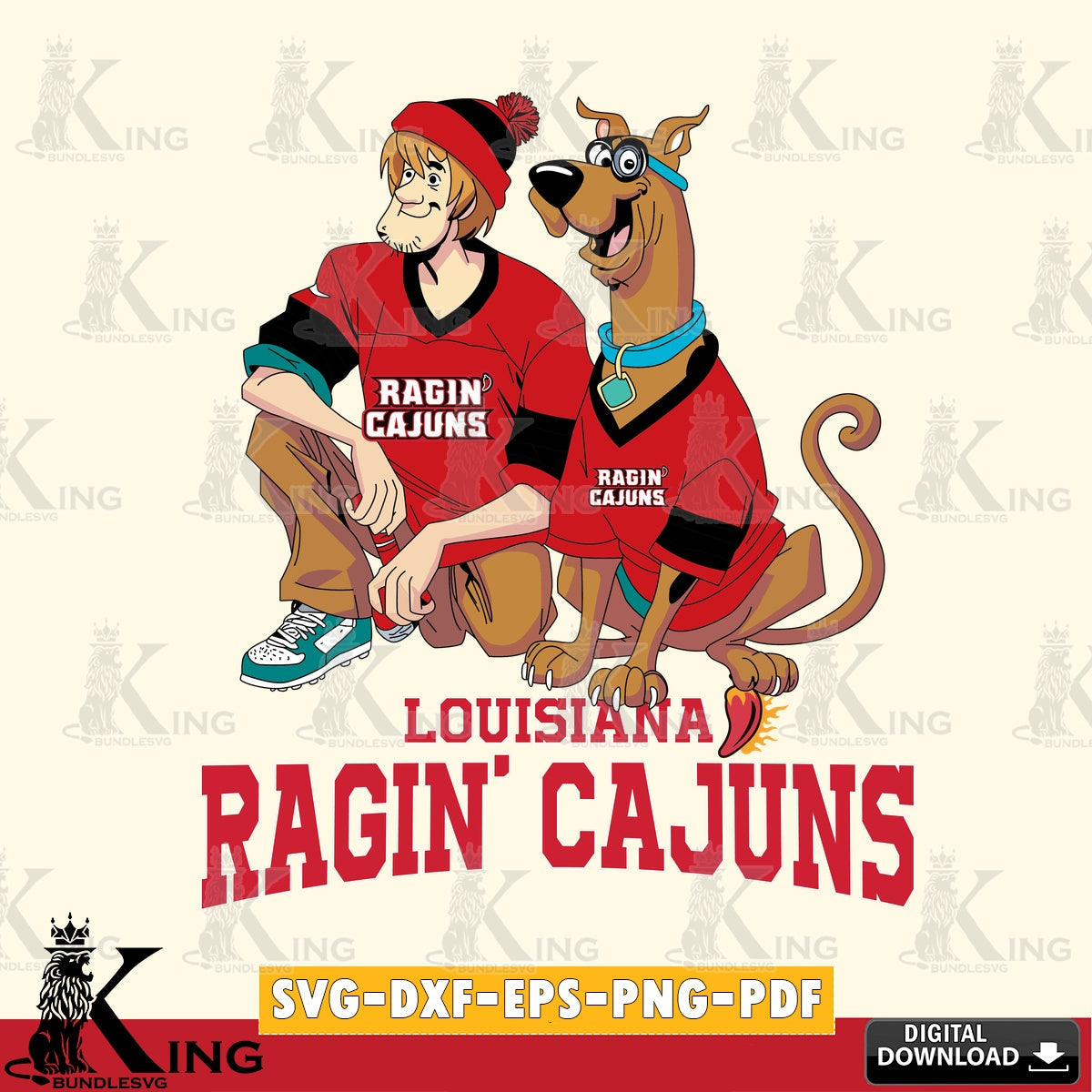 Unique artwork depicting Louisiana Ragin' Cajuns Shaggy and Scooby Doo football, SVG PNG files perfect for Cricut and Silhouette