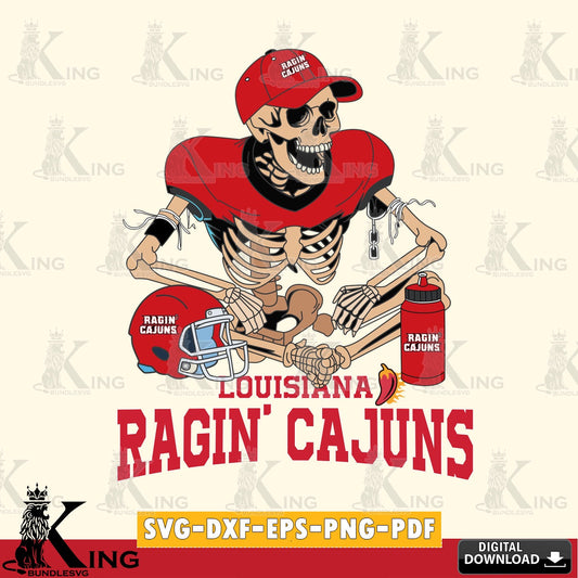 Hand-drawn style art of Louisiana Ragin' Cajuns skeleton player football, versatile clip art for stickers, decals, and mugs.