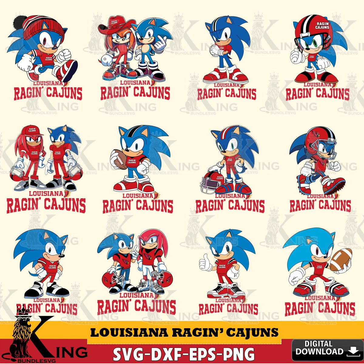 All-in-one bundle of Louisiana Ragin' Cajuns Sonic & Knuckles NCAA Football vector art for engraving, cutting, and printing.