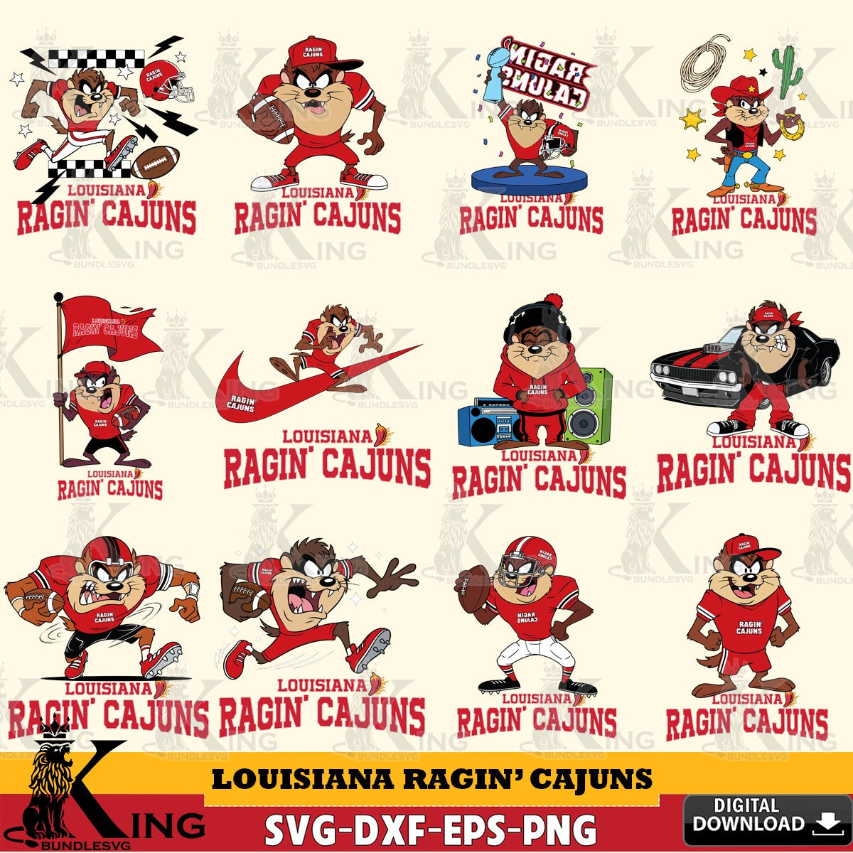 Louisiana Ragin' Cajuns Taz Football NCAA Bundle SVG file, Cut file  , Digital Download , Instant Download, Taz svg, NCAA svg