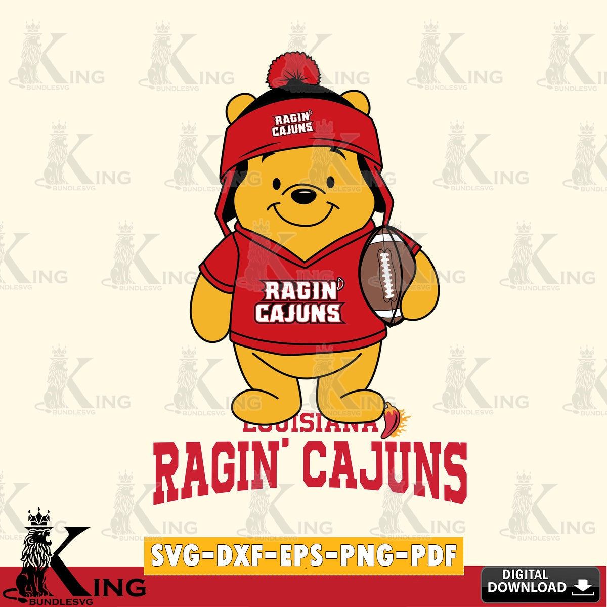 Printable art of Louisiana Ragin' Cajuns Winnie the Pooh player Football, NCAA vector illustration for POD merchandise and apparel