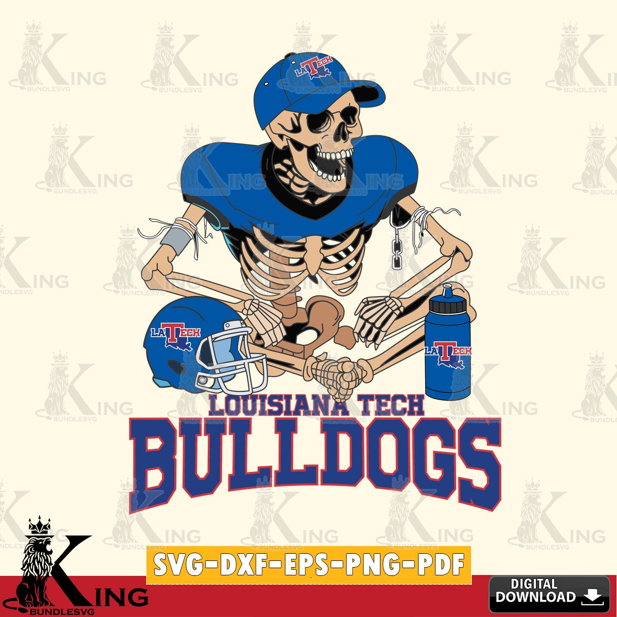 Vector design showing a Louisiana Tech Bulldogs skeleton player playing football, vector art for engraving, cutting, and printing.