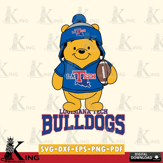Vector design showing a Louisiana Tech Bulldogs Winnie the Pooh player in a football scene, high-quality vector for DIY
