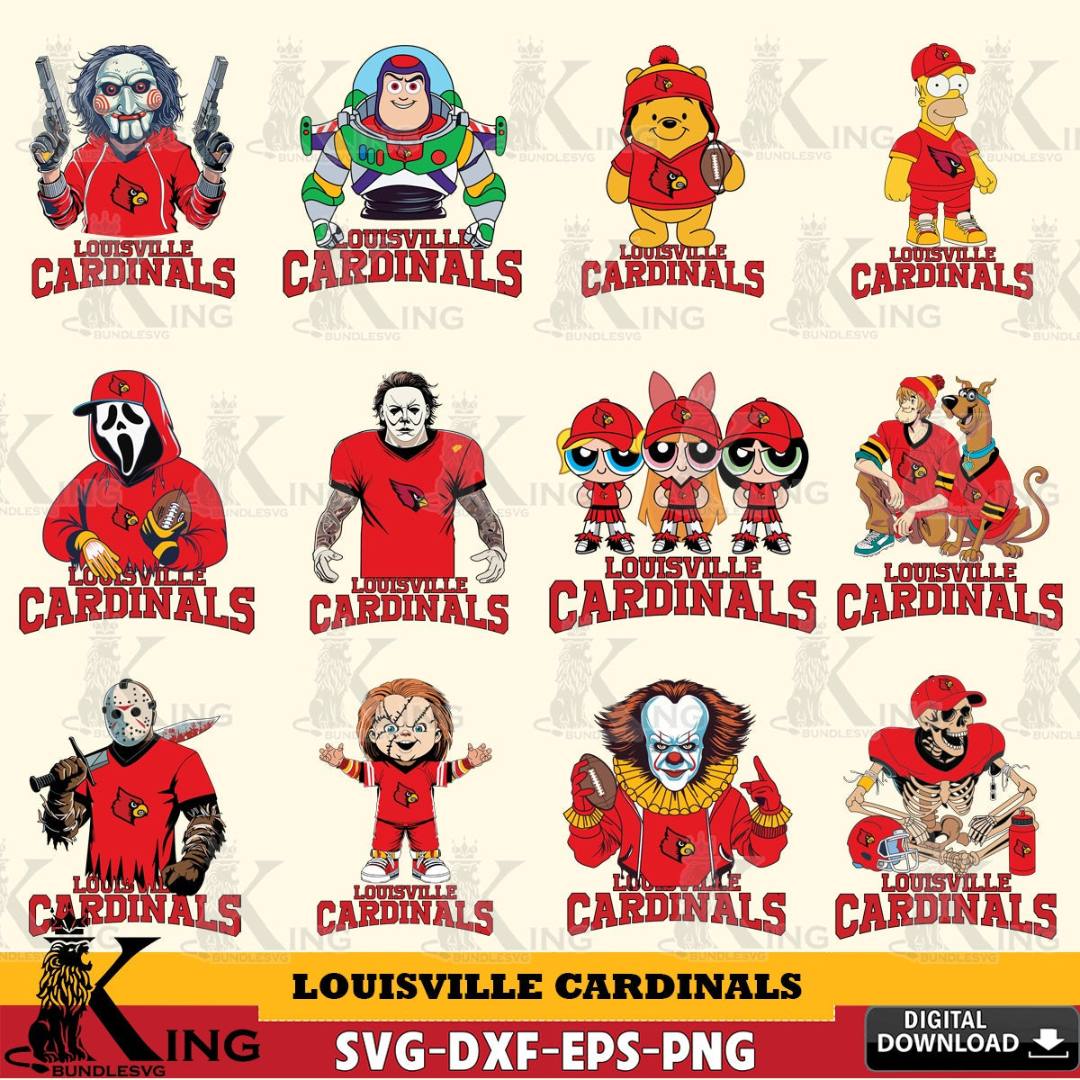 Comprehensive collection of Louisville Cardinals cartoon football NCAA bundle, versatile clip art for stickers, decals, and mugs.