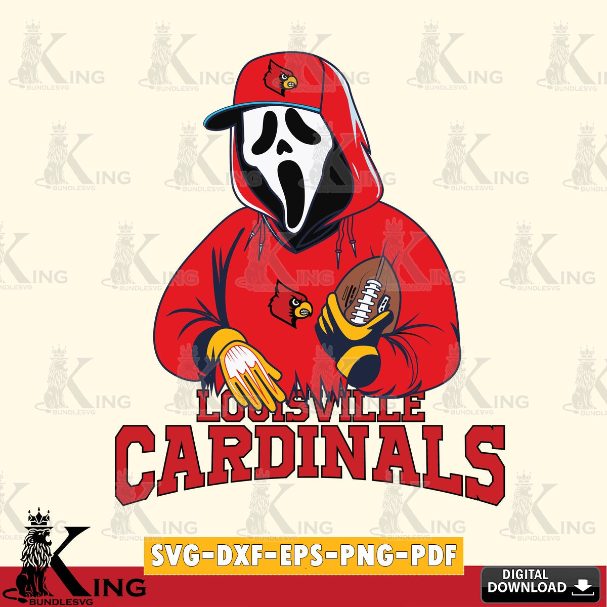 Eye-catching graphic of a Louisville Cardinals Ghostface Scream football player, vector illustration for POD merchandise and