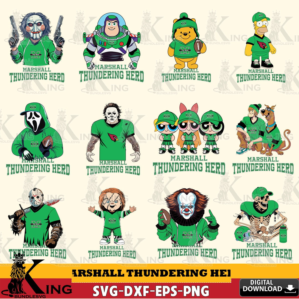 Jumbo collection of Marshall Thundering Herd cartoon football NCAA bundle, a printable vector design for sublimation and crafts