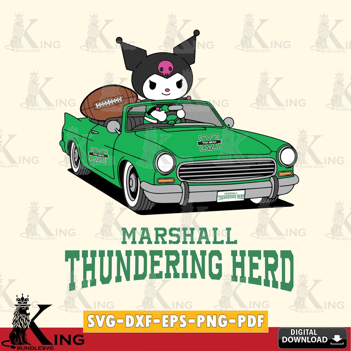 Marshall Thundering Herd Kuromi Car Football Game SVG file, Cricut, Cut file  , Digital Download , Instant Download, Sanrio svg, Clipart