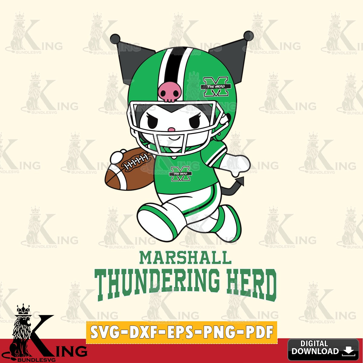 Marshall Thundering Herd Kuromi Football Run SVG file, Cricut, Cut file  , Digital Download , Instant Download, Sanrio svg, Clipart