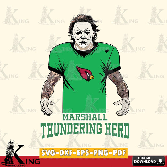 Artistic drawing of Marshall Thundering Herd Michael Myers Tattoo Football, NCAA SVG PNG design suitable for Glowforge and laser