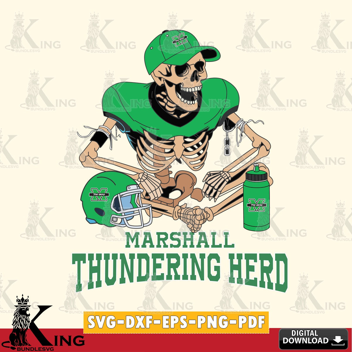 Creative design featuring a Marshall Thundering Herd skeleton football player, a high-quality vector for DIY scrapbooking and