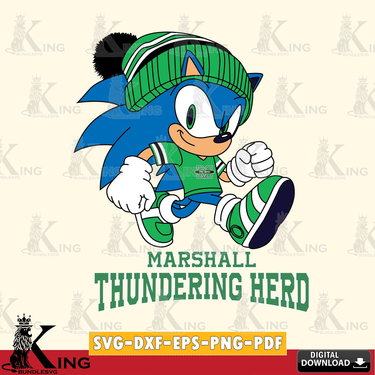 Modern graphic depicting the Marshall Thundering Herd Sonic Football PNG clipart for sublimation printing and graphic design.