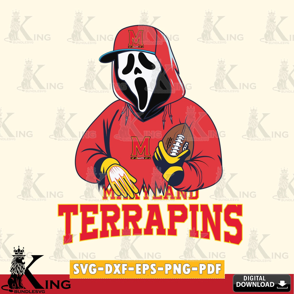 Custom design featuring Maryland Terrapins Ghostface Scream football player, a vector illustration for POD merchandise and apparel