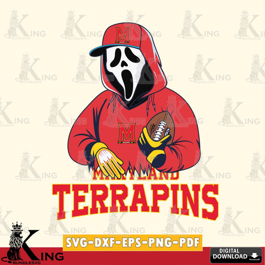 Custom design featuring Maryland Terrapins Ghostface Scream football player, a vector illustration for POD merchandise and apparel