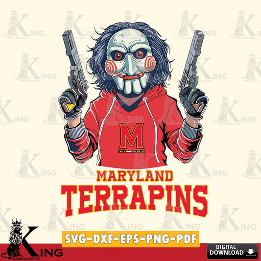 Hand-drawn style art of Maryland Terrapins Jigsaw Billy Football, NCAA vector illustration for POD merchandise and apparel