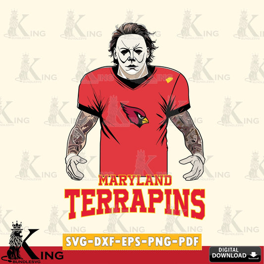 Stylish representation of Maryland Terrapins Michael Myers tattoo football, NCAA SVG PNG design suitable for Glowforge and laser