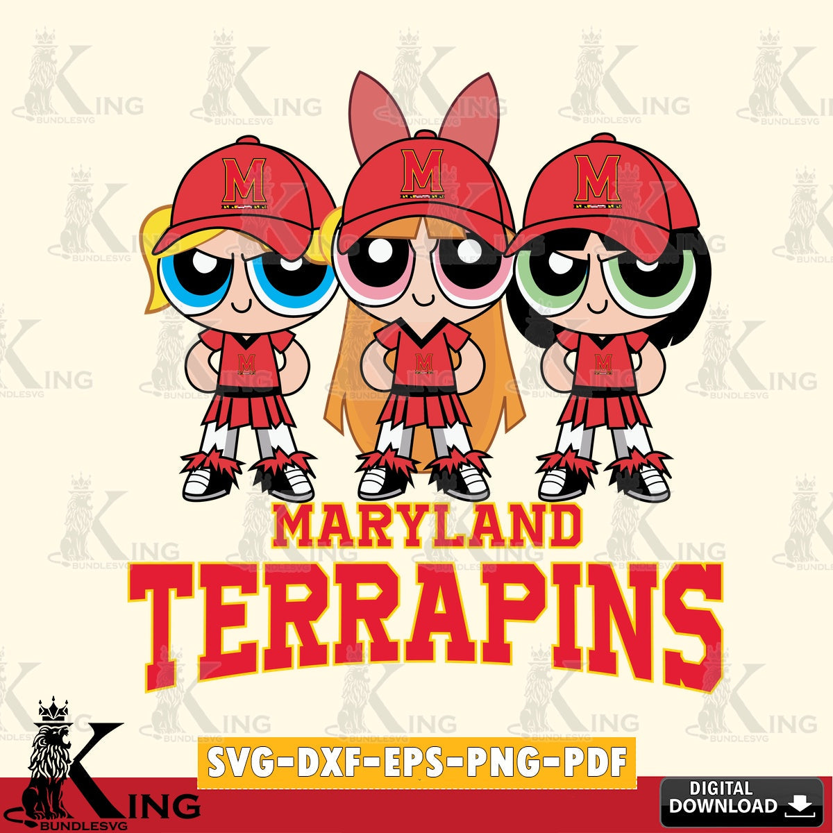 Stylish representation of Maryland Terrapins PowerPuff Girls Football, NCAA File cut, SVG PNG design suitable for Glowforge and
