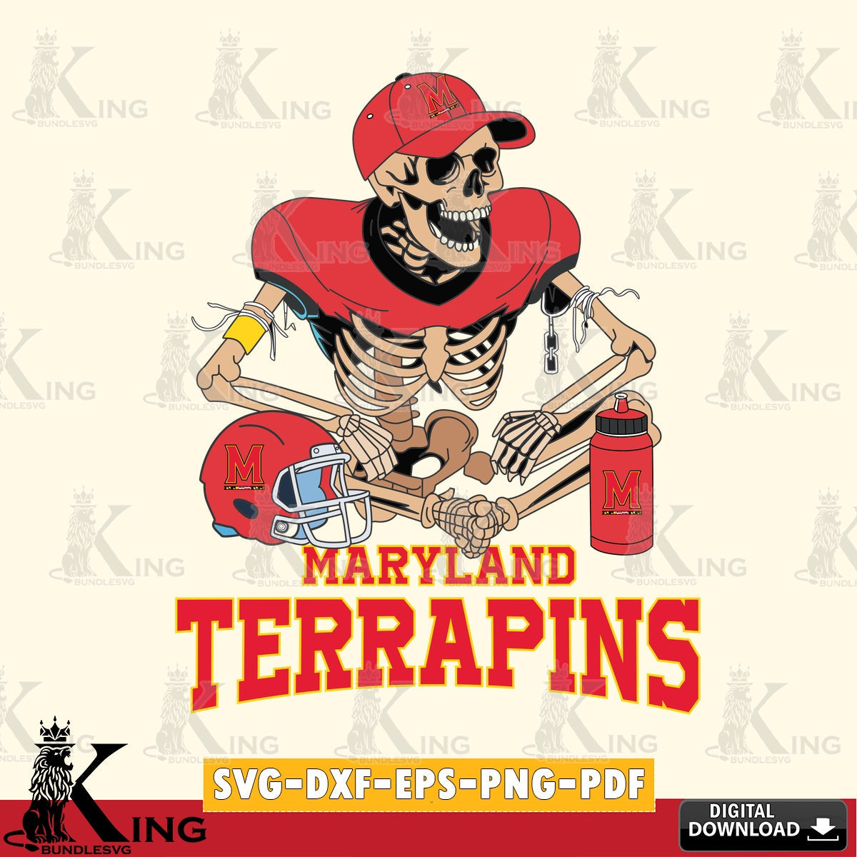 Eye-catching graphic of a Maryland Terrapins skeleton player playing football, a high-quality vector for DIY scrapbooking and