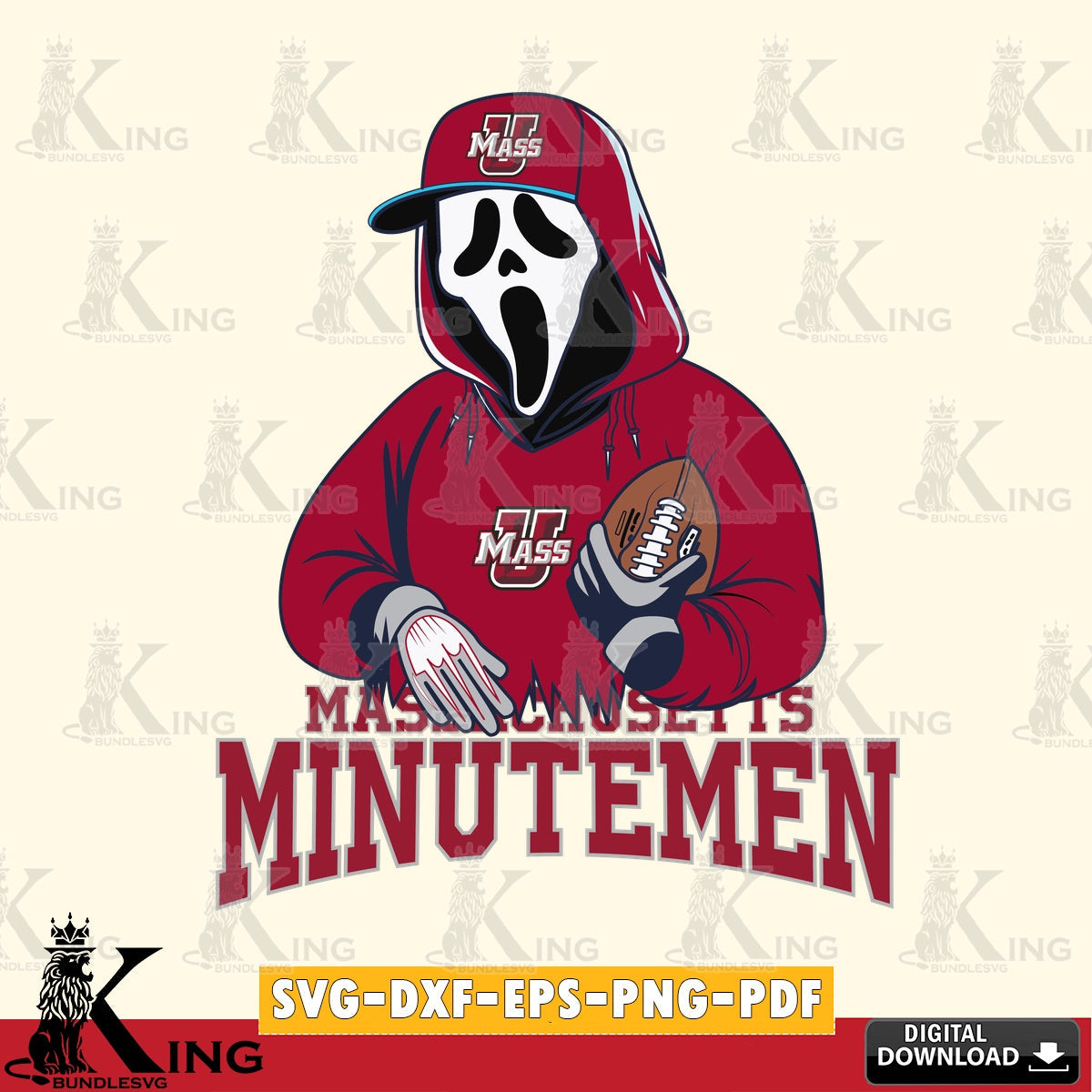 Exclusive set of Massachusetts Minutemen Ghostface Scream player Football NCAA cut SVG PNG design suitable for Glowforge and