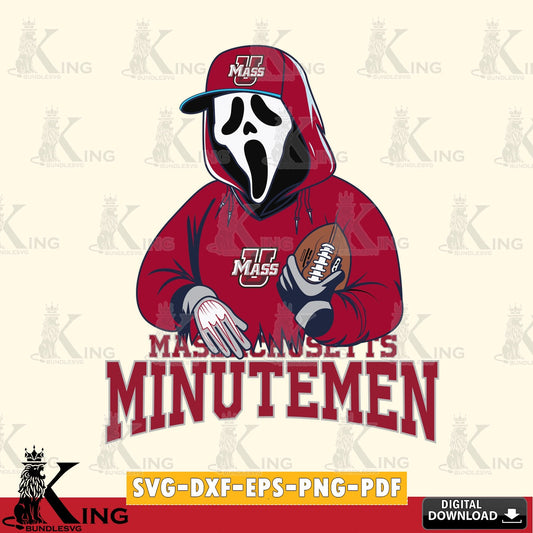 Exclusive set of Massachusetts Minutemen Ghostface Scream player Football NCAA cut SVG PNG design suitable for Glowforge and