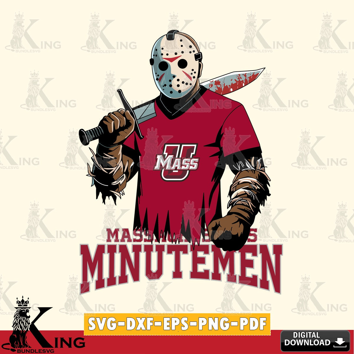 Premium pack containing Massachusetts Minutemen Jason Voorhees Football crafting file for iron-on transfer and vinyl decals.